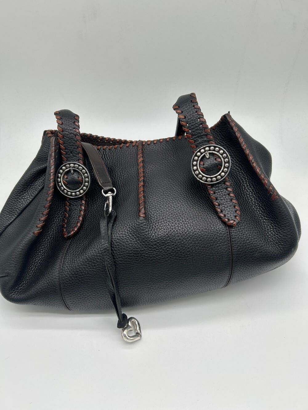 Brighton Black Pebbled Leather Shoulder Bag Whipstitch Silver Concho Boho Tote